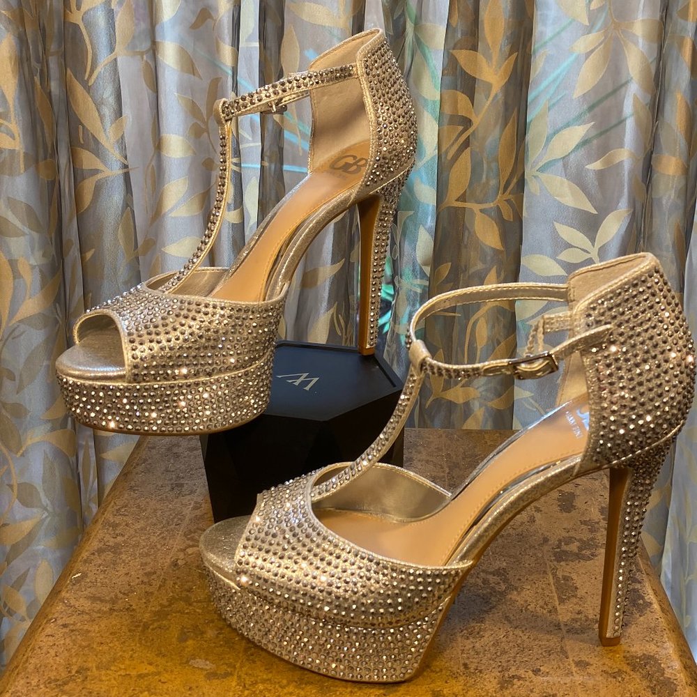 Gianni Bini Bright-Night Rhinestone Platform High Heels with T-Strap in Silver